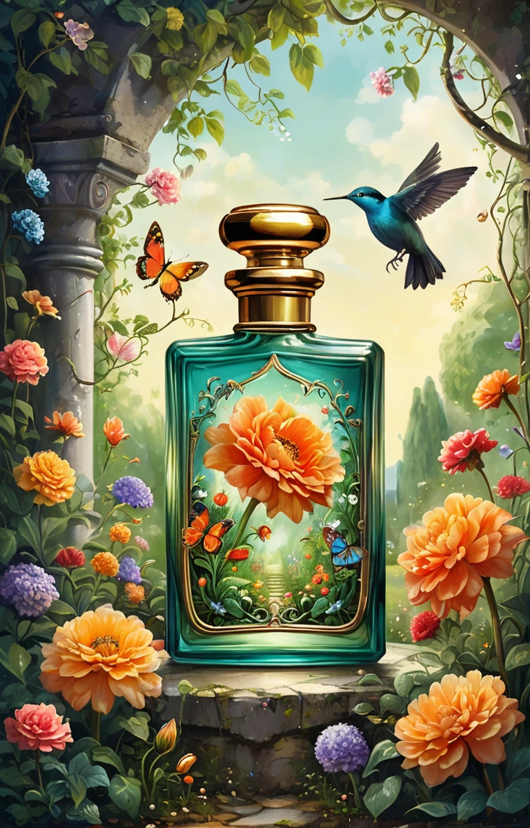 masterpiece,best quality,<lora:tbh328-sdxl:0.6>,illustration,style of magic realism style A bottle of perfume in garden