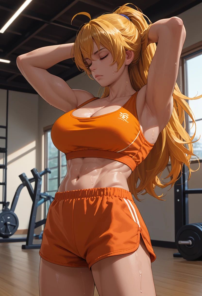 score_9, score_8_up, score_7_up, source_anime, solo, 1girl, rwbyyangs1, toned, sweat, expressionless, closed mouth, looking away, standing, arms behind head, ahoge, closed eyes, orange sports bra, orange shorts, short shorts, cleavage, large breasts, indoors, gym <lora:rwby_yangxiaolongS1_ponyXL:1>