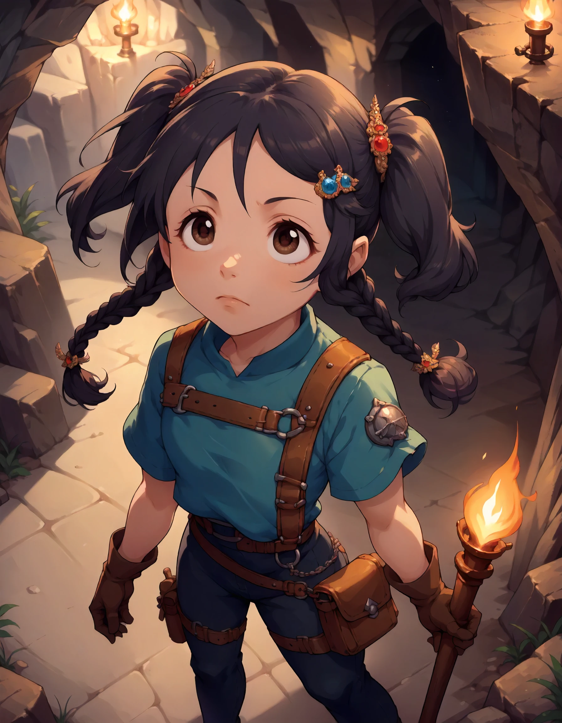 score_9,score_8_up,score_7_up,1girl,solo,looking up,from above,standing,in cave,torch,surprized,
<lora:miyoshisana_ponyXLV6:0.8>,cgmsn,black hair,twin braids,twintails,brown eyes,hair ornament,
leather tunic,leather pants,leather gloves