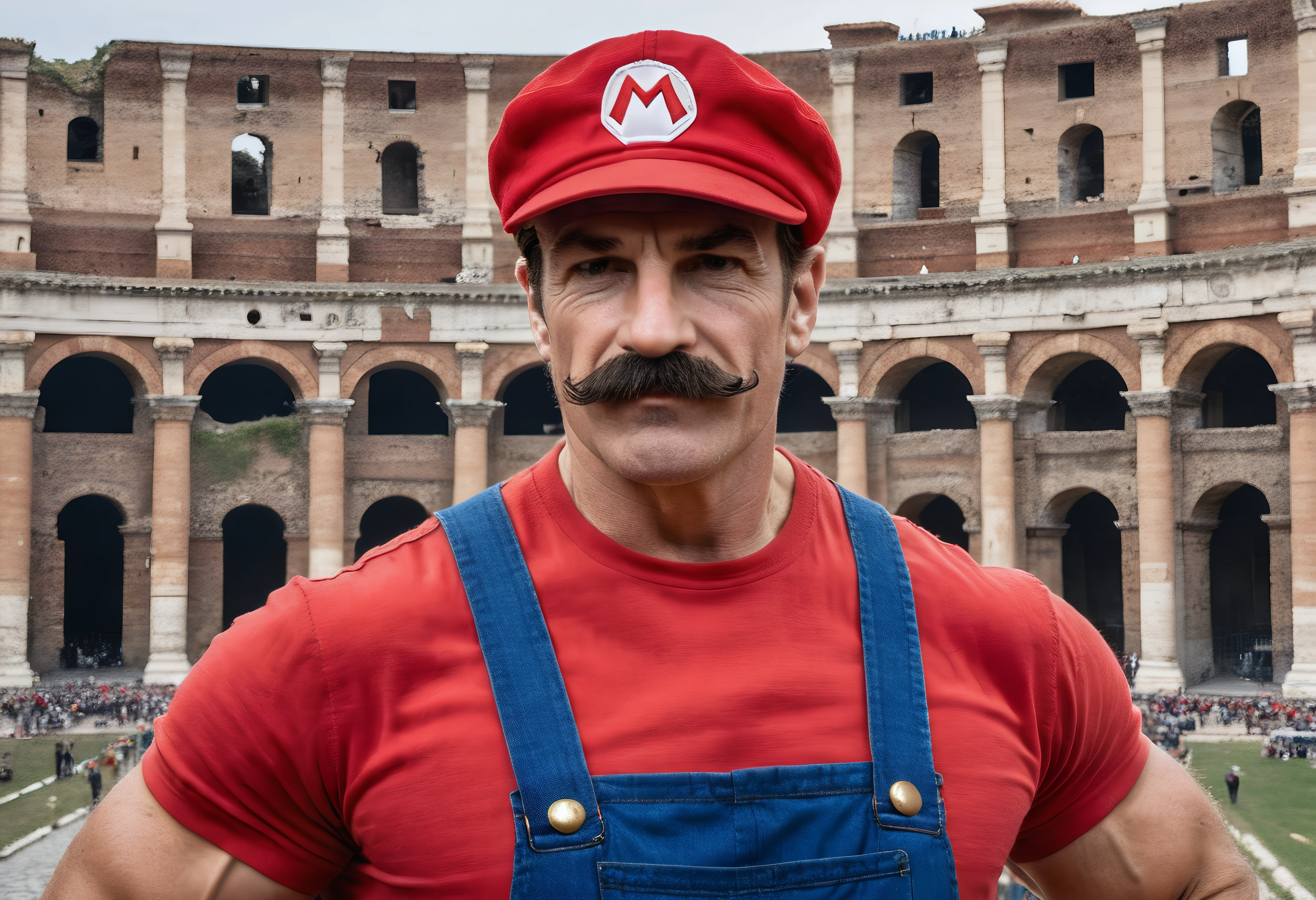 Mario in Italy, red shirt, blue overalls, red cap, manly, muscular, posing, mustache, Italy, Rome, photograph, upper body, solo