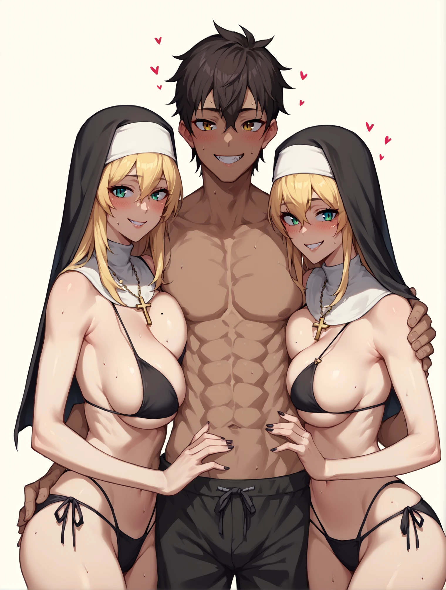 score_9, score_8_up, score_7_up, source_anime BREAK 2girls, 1boy, standing, nuns and demon, demon male, simple background, smile, breasts, perky breasts, cleavage, bikini, <lora:Girl_Sandwich_2girls_1boy:1>, 2girls1boy, breast press, rating_questionable