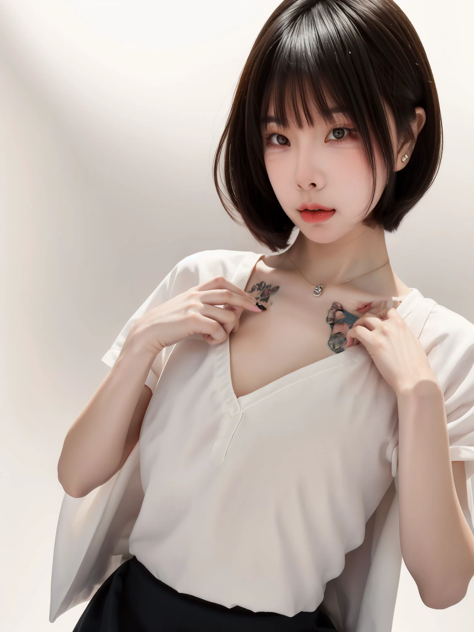 1girl, medium breasts, looking at viewer, realistic, photorealistic, black eyes, black hair, short hair, lips, bangs, jewelry, tattoo, mole,  hyper detailed, super sharp, crisp, smooth, smooth gradients, depth of field, (in studio: 1.1), (white background: 1.1), <lora:jqq8896:1> , <lora:breastsizeslideroffset:-0.25>, <lora:add_detail_v5:1>, dress, skirt, uniform