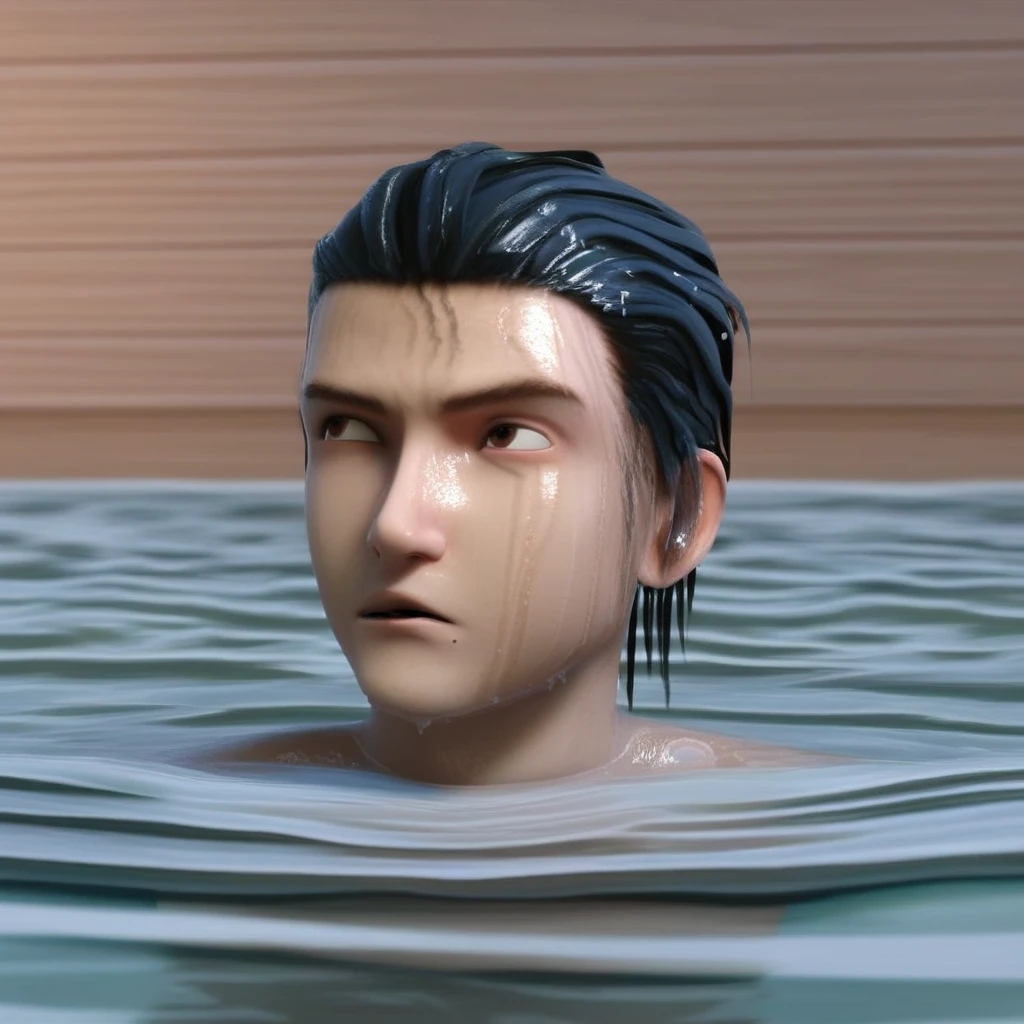 1boy, partially submerged , head shot, head , 3D, wet , wet hair , head half way out of water ,