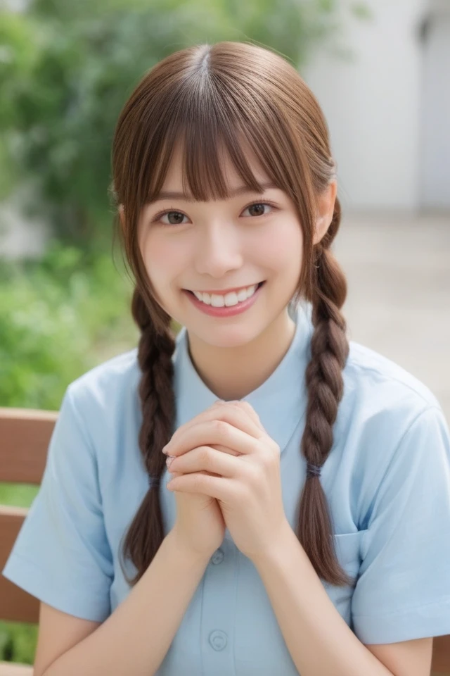 score_9,score_8_up,score_7_up,score_6_up,rating_explicit,8k,ultra detailed,perfect anatomy,beautiful lighting,uncensored,pretty,beautiful,photorealistic,realistic eyes,realistic skin,
1girl,solo,smile,braid,twin braids,brown hair,shirt,looking at viewer,short sleeves,bangs,sitting,grin,realistic,collared shirt,teeth,own hands together,upper body,blunt bangs,skirt,bench,twintails,blue shirt,
,<lora:PONY-Mei Higashimura:0.8>