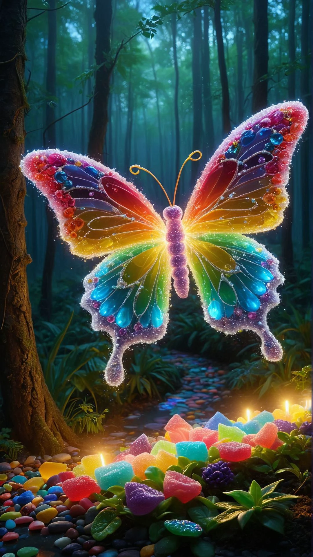 radiant rainbow fountain bursts forth from a kaleidoscope of glittering gemstones, as a majestic butterfly with iridescent wings and a trail of sparkling stardust unfurls its delicate beauty amidst the shimmering mist, surrounded by a chorus of singing fireflies and a procession of gleaming lanterns carried by dancing clouds
 <lora:aidmaCandyWorldMorph-MoreRealistic-v0.1:1> candy,