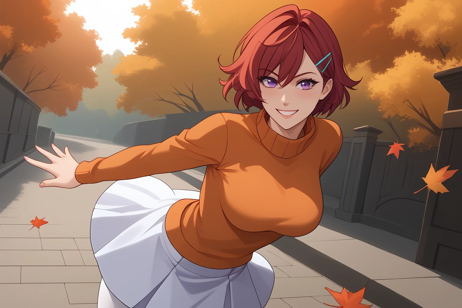 She wears an orange sweater, leaf-like hairclip on the left side of her hair, a white skirt, white leggings and red boots. She has amaranth hair and purple eyes.
(nsfw), (uncensored), (score_9), score_8_up, score_7_up, source_anime, cowboy shot, dynamic pose, 1 Female, solo, happy smile joy, blush, ashamed, shy, sexy, charming, alluring, seductive, enchanting, erotic<lora:EMS-423241-EMS:0.800000>