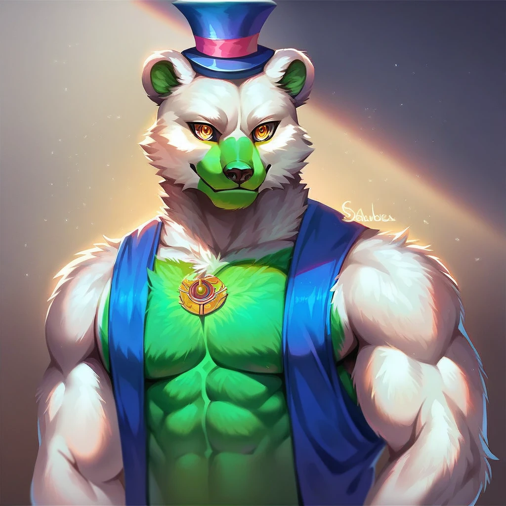 <lora:saucebear_ponyxl-10:1.2> source_anime, colorful, score_9, score_8_up, score_8, (masterpiece),  ((saucebear)) ,blue hat, bear ears, yellow eyes, white fur, green chest, blue vest, detailed eyes, detailed fur, detailed eyes, looking at viewer, muscular:0.65, muscular chest:1.5, buff,