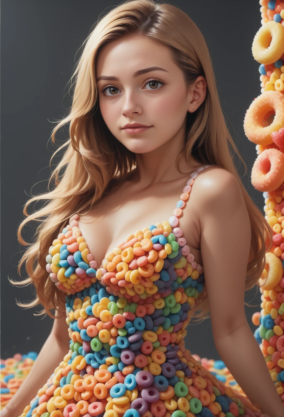 (((masterpiece))) , (((best quality))) , 2d, (adorable 1girl, solo:1.3) ,  1 woman, upper body, dolleijSDXL01 <lora:DolleijSDXL01:0.9> , wearing a princess dress made out of fruit loops  <lora:FruitLoopStyle_epoch_9:0.9>,<lora:SDXLFaeTastic2400:0.4>