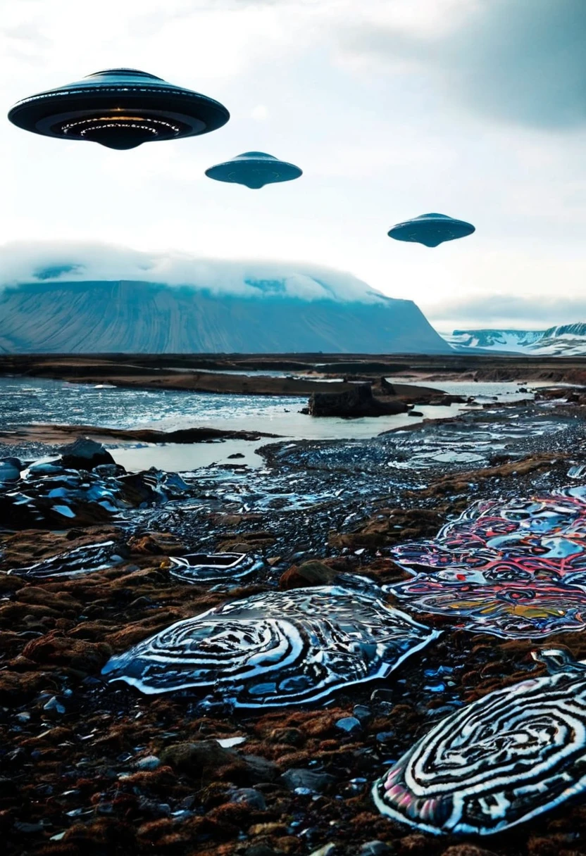 photo of a surrealist landcape with iceland, ufos and psychedelic patterns