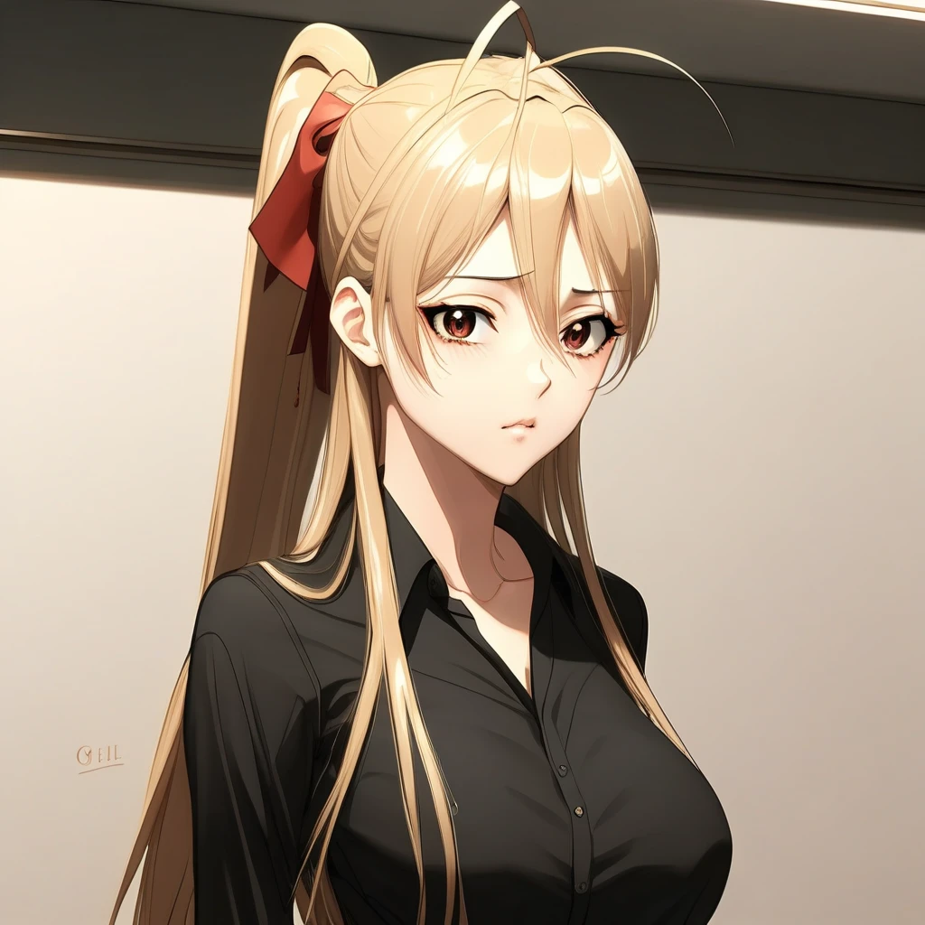 masterpiece, best quality, best aesthetics, miyamoto rei, long hair, ponytail, antennae hair, bangs, hair between the eyes, blush on the cheeks, averted gaze, long black shirt, shirt covering it, awakening, up , loose hair, shiny, shiny skin, alone, room background, standing, front view.