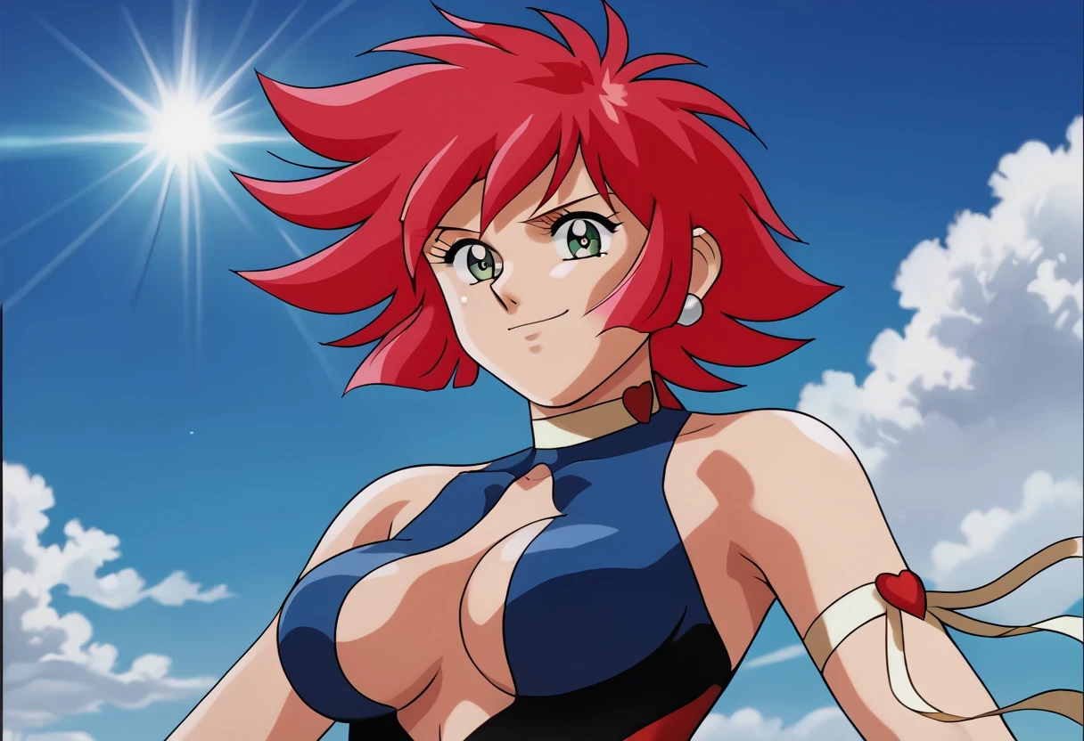 lacus4, (masterpiece, upper body view, crimson strapless leotard, (slim shoulders), leaning back, 4K, Best Quality, Anime style: 1.9, happy, Adult Woman, (ultra detailed head), (cloud background, white skin), Drawing lines, high resolution, Anime, lacus4), 1girl, Solo, curvy figure, Long hair, 鎖骨, scapular, (Detailed wide hair bangs, Hair Ornament, Detailed reddish-pink hair, shiny streaks, slim arms, detailed golden crest), cleavage, large hands, (hair cover shoulders). (Big blue eyes, shiny eyes), ((female wrestler, (slim body), little biceps, slim arms, closed fists, thighs)), ((perfect proportions, medium breasts, long belly)), (((very tight leotard, crimson strapless leotard, arm band, neck band))), smile, (standing, cold colors), detailed fingers, (bare shoulders)