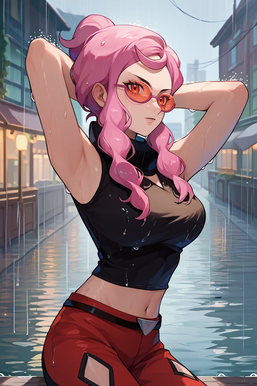 score_9, score_8_up, score_7_up, score_6_up, source_anime, 1girl, solo, <lora:pkmnmalva-pdxl-nvwls-v1-000008:1> malva, pink hair, short ponytail, tinted eyewear, black crop top, turtleneck, sleeveless, midriff, belt, red pants, large breasts, from side, arms behind head, rain, outdoors, city, wet skin, tired, looking at you