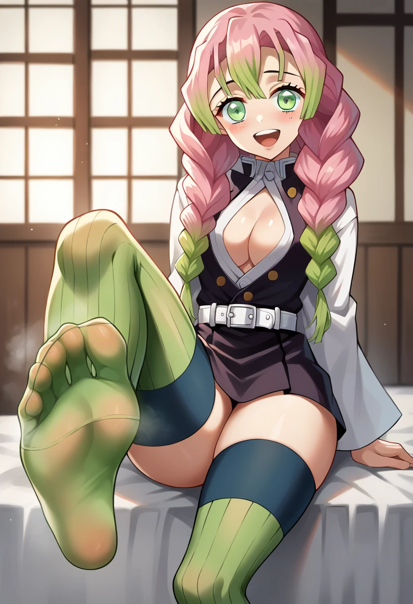 score_9, score_8_Excellent, score_7_Excellent, anime,Pubic hair Armpit hair Massive pubic hair (Demon Slayer / Kimetsu no Yaiba {{Mitsuri}} Pink hair 1girl Huge breasts and ass Uncensored Soles Smelly feet Dirty socks Green knee-highs Smelly knee-highs Indoors Tatami room Dark room Embarrassed Steam Putting shoes on one foot Putting socks on legs up