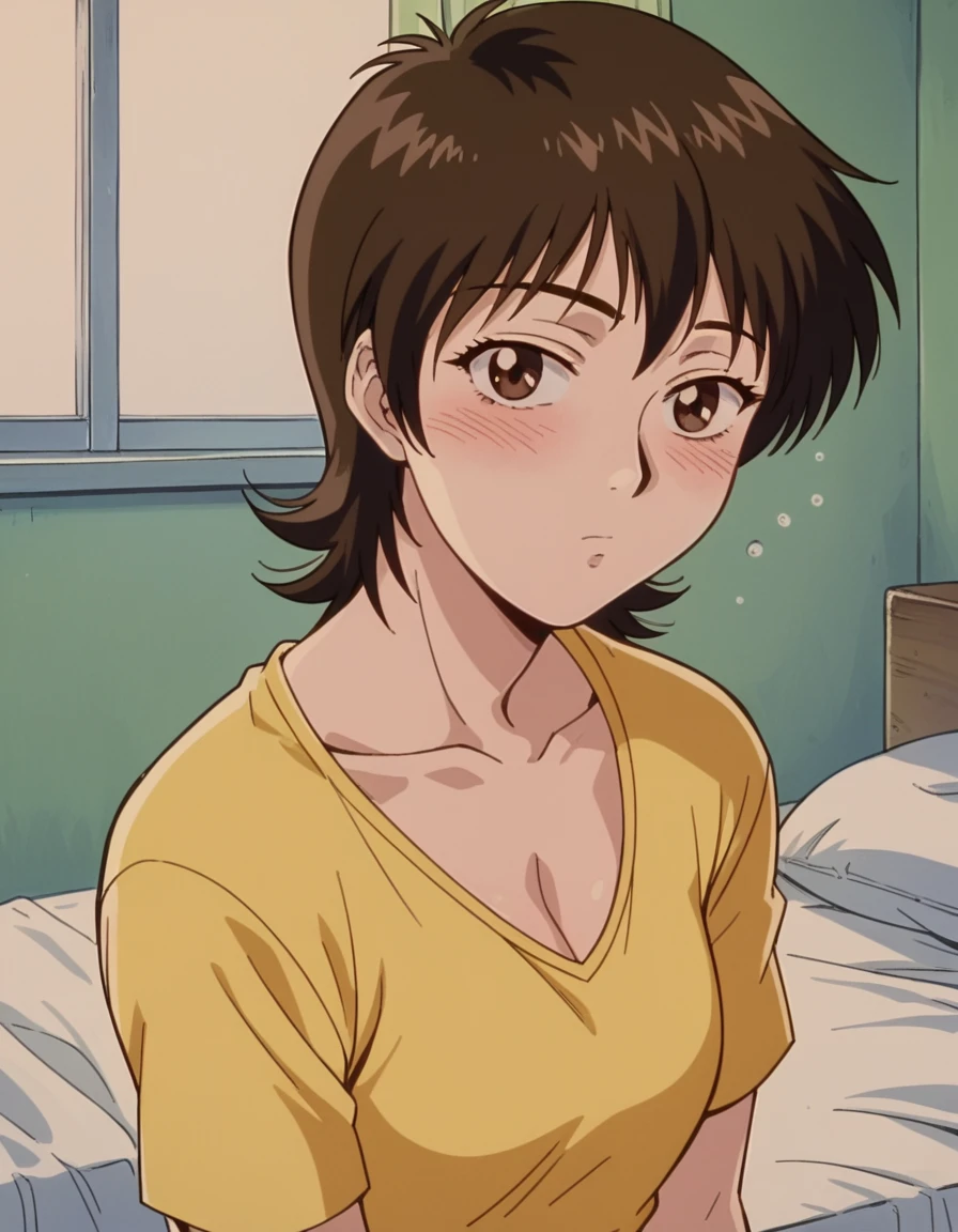 score_9, score_8_up, score_7_up, source_anime, <lora:azusa-fuyutsuki-anime-ponyxl-lora-nochekaiser:1> azusa fuyutsuki, short hair, brown hair, brown eyes, small breasts,, shirt, yellow shirt, collarbone, cleavage, collarbone, skirt, black skirt,, indoors, bed, bed room, on side, blush, drunk, looking at viewer, solo,, cowboy shot, dutch angle