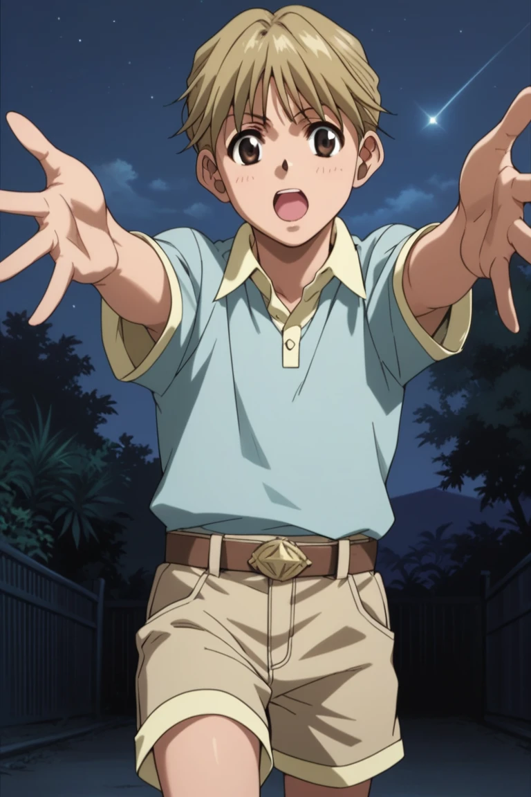 score_9, score_8_up, score_7_up, score_6_up, detailed, intricate details,best quality ,source_anime, cowboy shot,
garcia lovelace, blonde hair, brown eyes, blue shirt, night, sky, male focus, open mouth, outstretched arms, belt, shirt, night sky, star (sky), outdoors, brown shorts<lora:EMS-423730-EMS:1.000000>