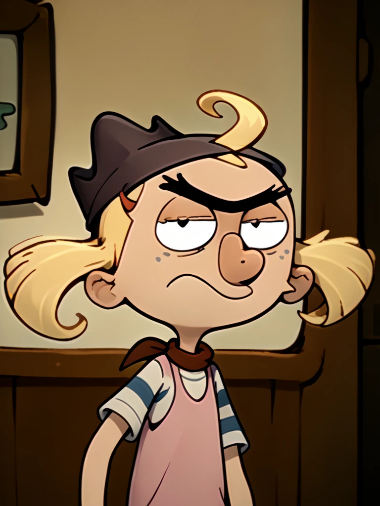 <lora:Kid_Nickels_-_Misadventures_of_Flapjack-10:1>neckerchief, kid_nickels, 1boy, solo, sailor, blond hair, curly hair, green hat, freckles, red scarf,  blue footwear, ahoge, hat, striped shirt, green and gray stripes, male focus, frown, v_eyebrows, anger, looking at viewer, portrait, raised eyebrow,   <lora:PonyXL_Helga_Pataki:1> helga g pataki (hey arnold), score_9, source_cartoon, blonde hair, bow, hair bow, solo, pink bow, 1girl, short sleeves, shirt, bangs, blunt bangs, pink dress, dress, twintails, closed mouth, upper body,, source_cartoon, score_9, score_8_up, score_7_up,