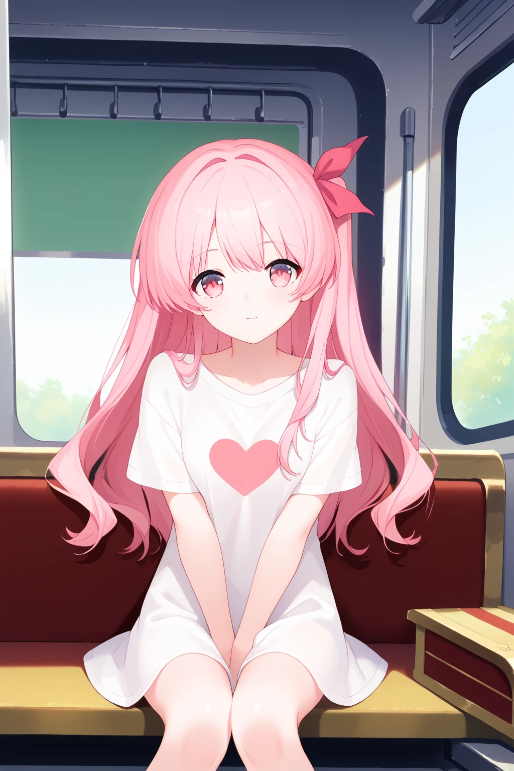 core_9, score_8_up, score_7_up, source_anime, best quality, masterpiece, palette enhancement, 1girl, solo,  sakihata rimi, pink hair, pink eyes, long hair, white t-shirt, pink heart, heart on a t-shirt, train, wagon, sitting down, hair ribbon <lora:Ð¡olor_palette_enhancement:1> <lora:chaoshead_sakihata_ponyXL-000008:1>