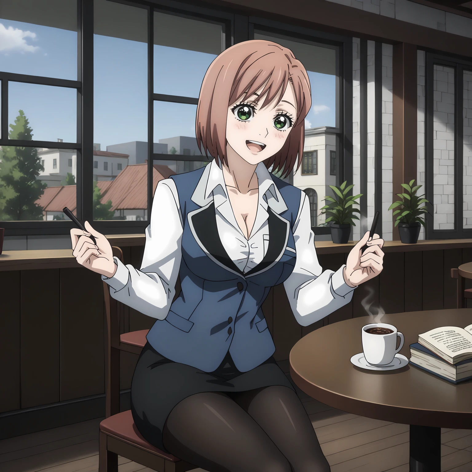 <lora:ONT_AlisaGrangerXLpony002>,
blush,looking at viewer,smile,open mouth,
solo,
AlisaGranger,1girl,pink brown hair,bob_cut,green eyes,
business_suit,white shirt,blue vest,cleavage,long_sleeves,black skirt,black_pantyhose,
sitting,
indoors,cafe,chair,table,coffee,middle ages,book,foliage plant,window_,