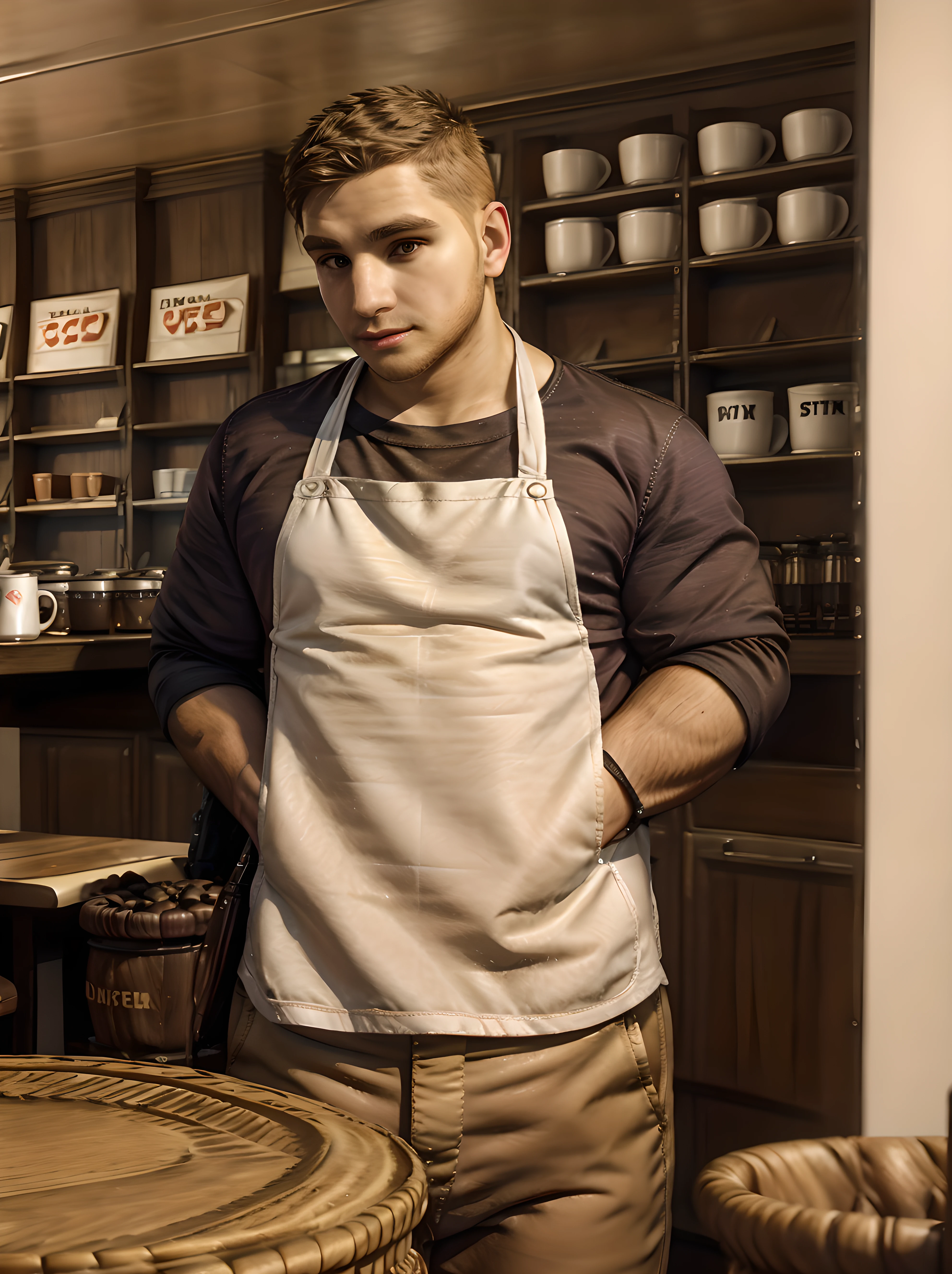 <lora:JD_Fenix:0.85> jd_fenix, undercut, short hair, (muscular:1.4), brown hair, indoor, coffee shop, cafe, standing, shirt, apron, pants, chubby