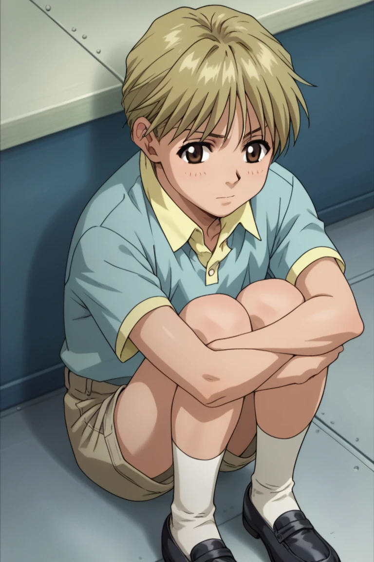 score_9, score_8_up, score_7_up, score_6_up, detailed, intricate details,best quality ,source_anime, cowboy shot,
garcia lovelace, blonde hair, brown eyes, blue shirt, solo,brown shorts, white socks, black shoes, hugging own legs, parody, short hair, shirt, sitting, short sleeves, male focus<lora:EMS-423730-EMS:1.000000>