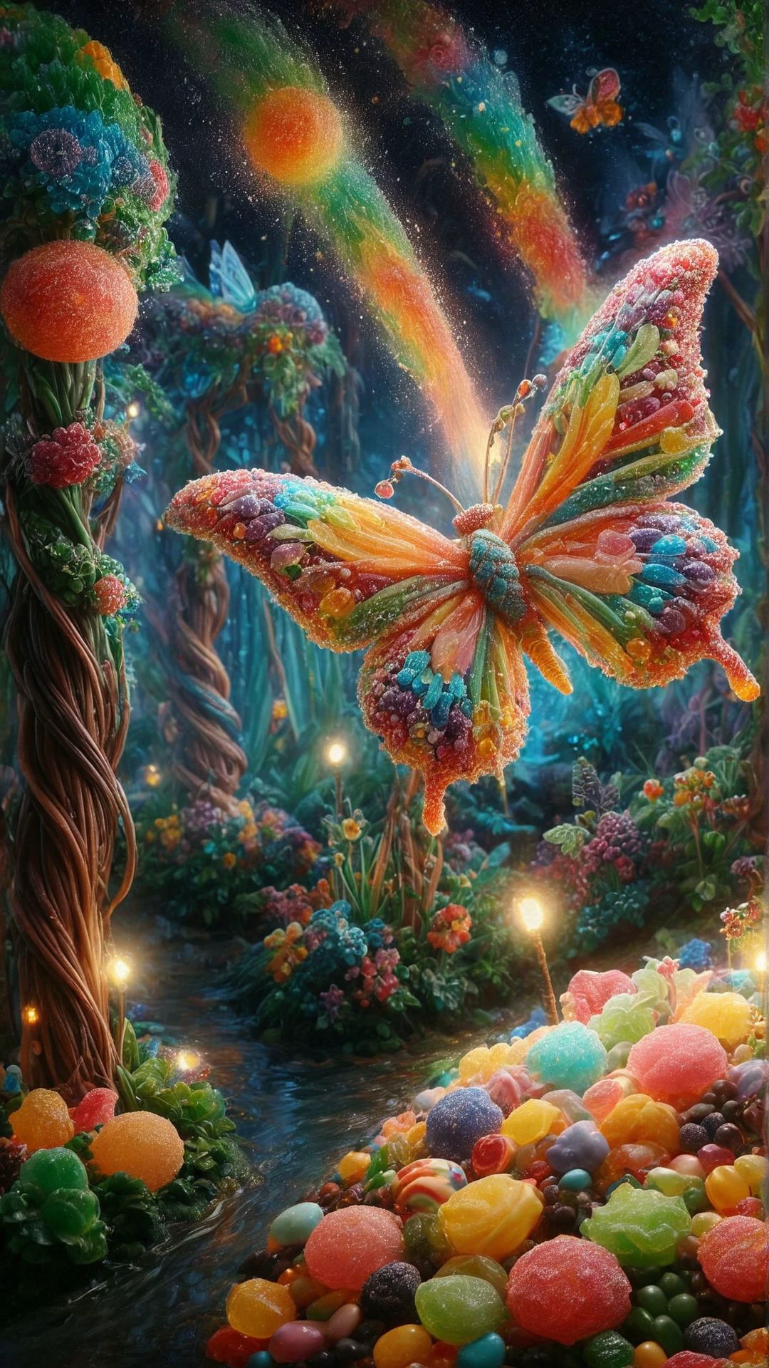 radiant rainbow fountain bursts forth from a kaleidoscope of glittering gemstones, as a majestic butterfly with iridescent wings and a trail of sparkling stardust unfurls its delicate beauty amidst the shimmering mist, surrounded by a chorus of singing fireflies and a procession of gleaming lanterns carried by dancing clouds
 <lora:aidmaCandyWorldMorph-MoreArtfull-v0.1:1> candy,