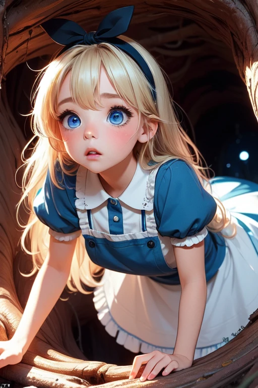 (((masterpiece))), (((best quality))), ((tree hole)), ((tree cave)), alice costume, blonde hair, long hair, black hairband, puff short sleeves, blue eyes, blue dress, white apron, white thighhighs, black mary janes, sweat, parted lips, mushroom, 1girl, shy, blush, slim figure, <lora:girlliketreehole:0.9>