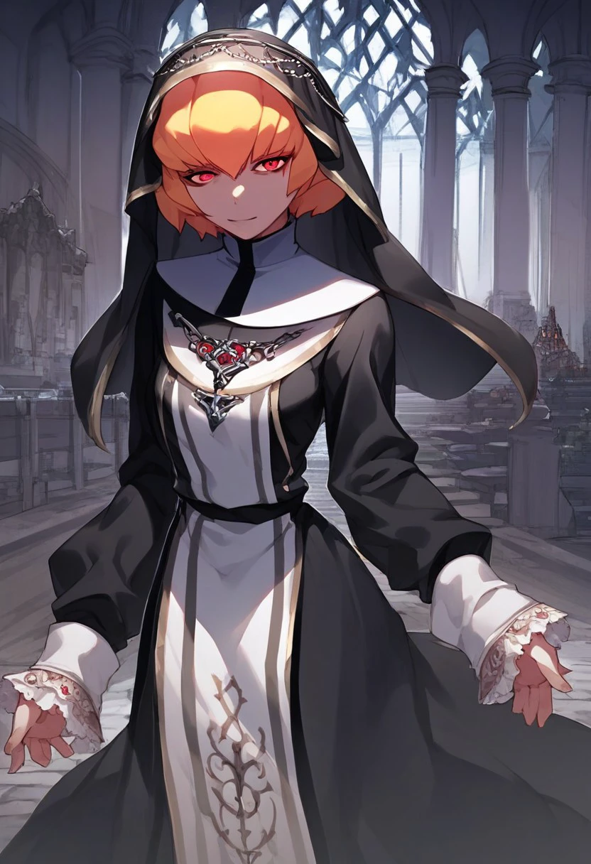 score_9, score_8_up, score_7_up,source_anime,Clementine, blonde hair, short hair, red eyes,black veil,nun clothes,castle view, moonlight,solo