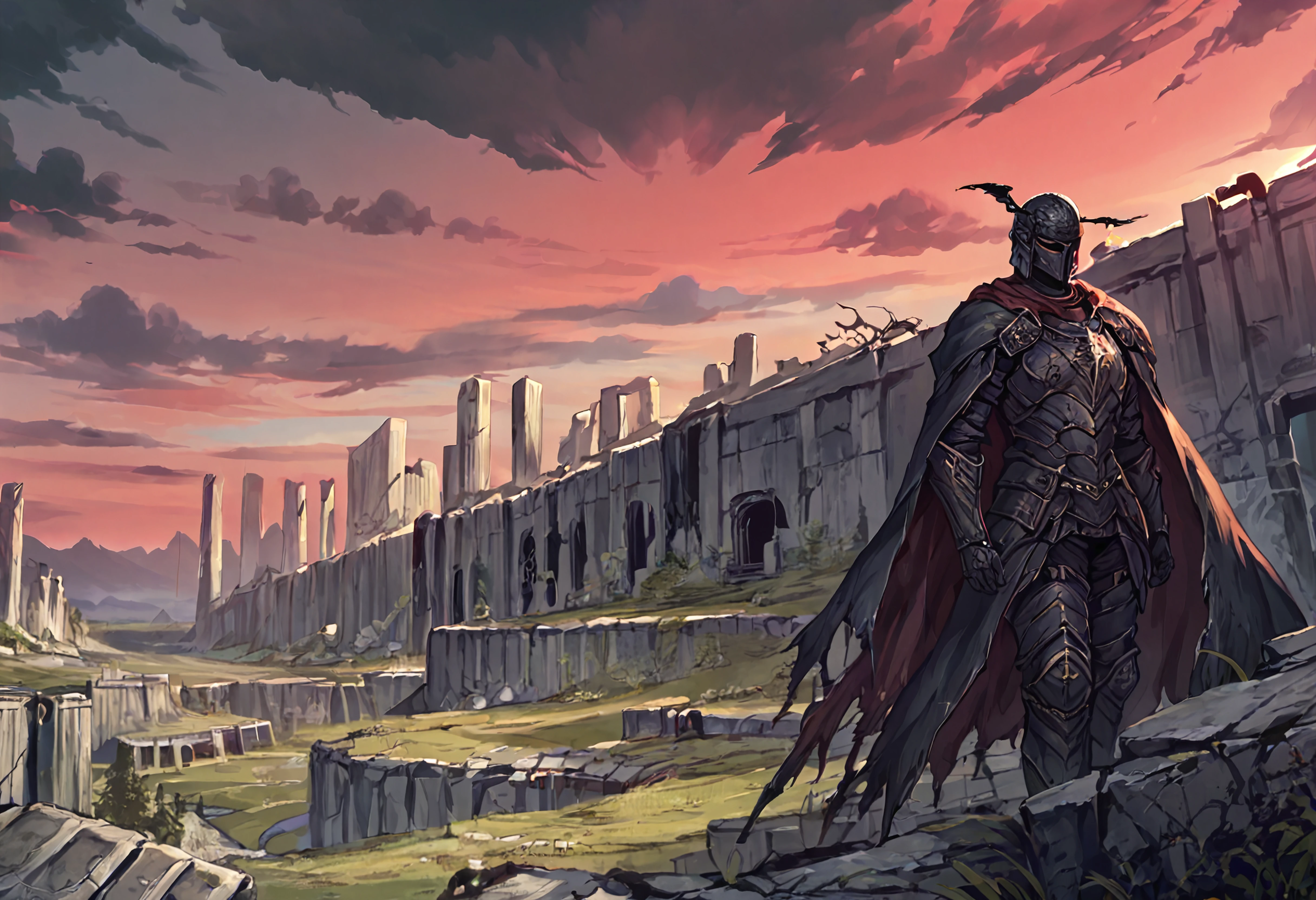 score_9, score_7_up BREAK 1other,cape,full armor,helmet,scenery,landscape,black clouds,red sky,wide shot,ruins,apocalypse,fantasy,grimdark <lora:ibuo_pd:1>