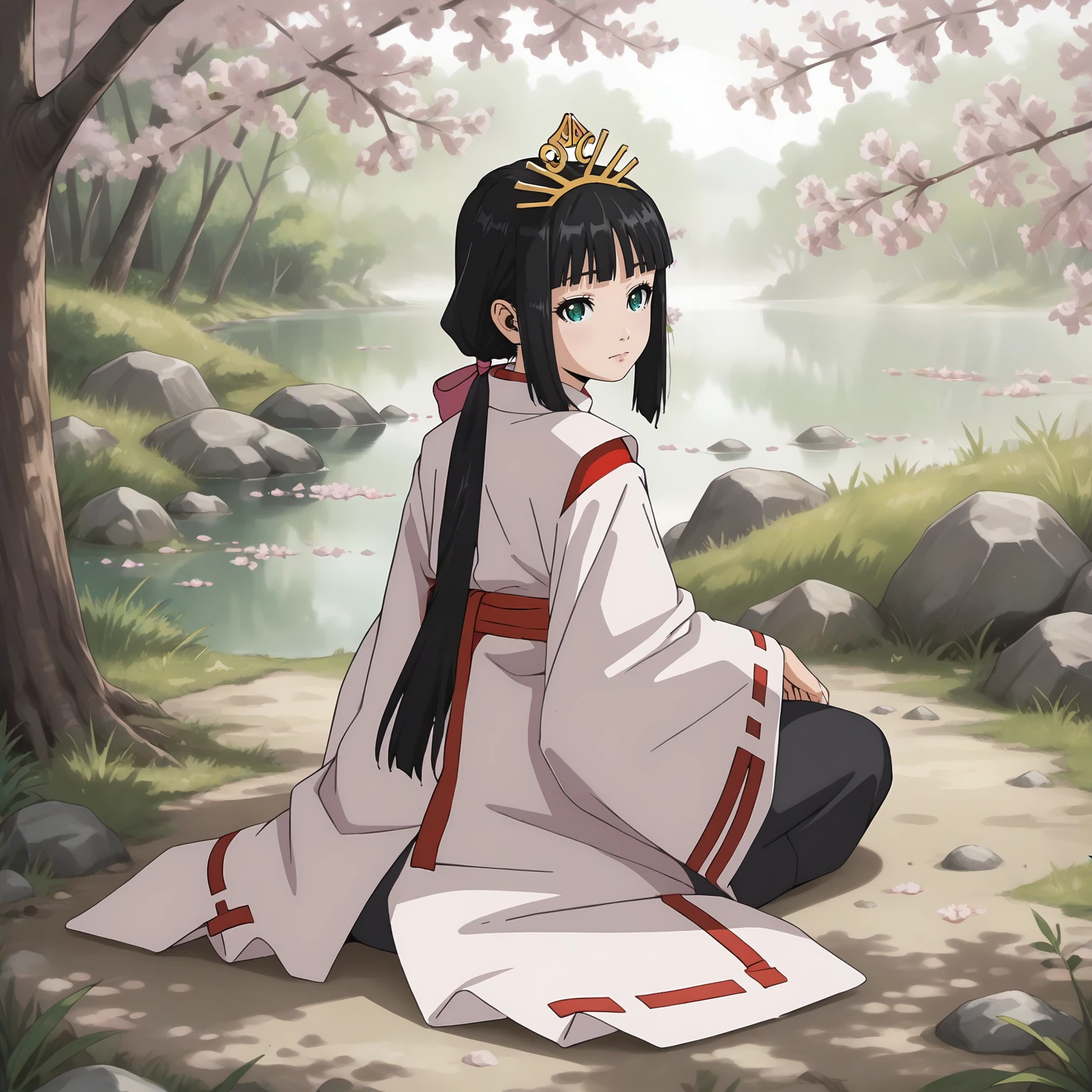 <lora:TES_ShizukuXLpony001:0.8>,
solo,
Shizuku,1girl,black hair,low ponytail,hair ribbon,green eyes,
tiara,
miko,
outdoors,realistic,nature,cherry blossoms,
full body,sitting,looking back,