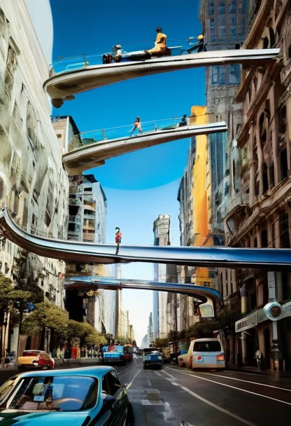 surrealist landscape where cars travel upside down and people are walking vertically in a city where the gravity is bent by a near star