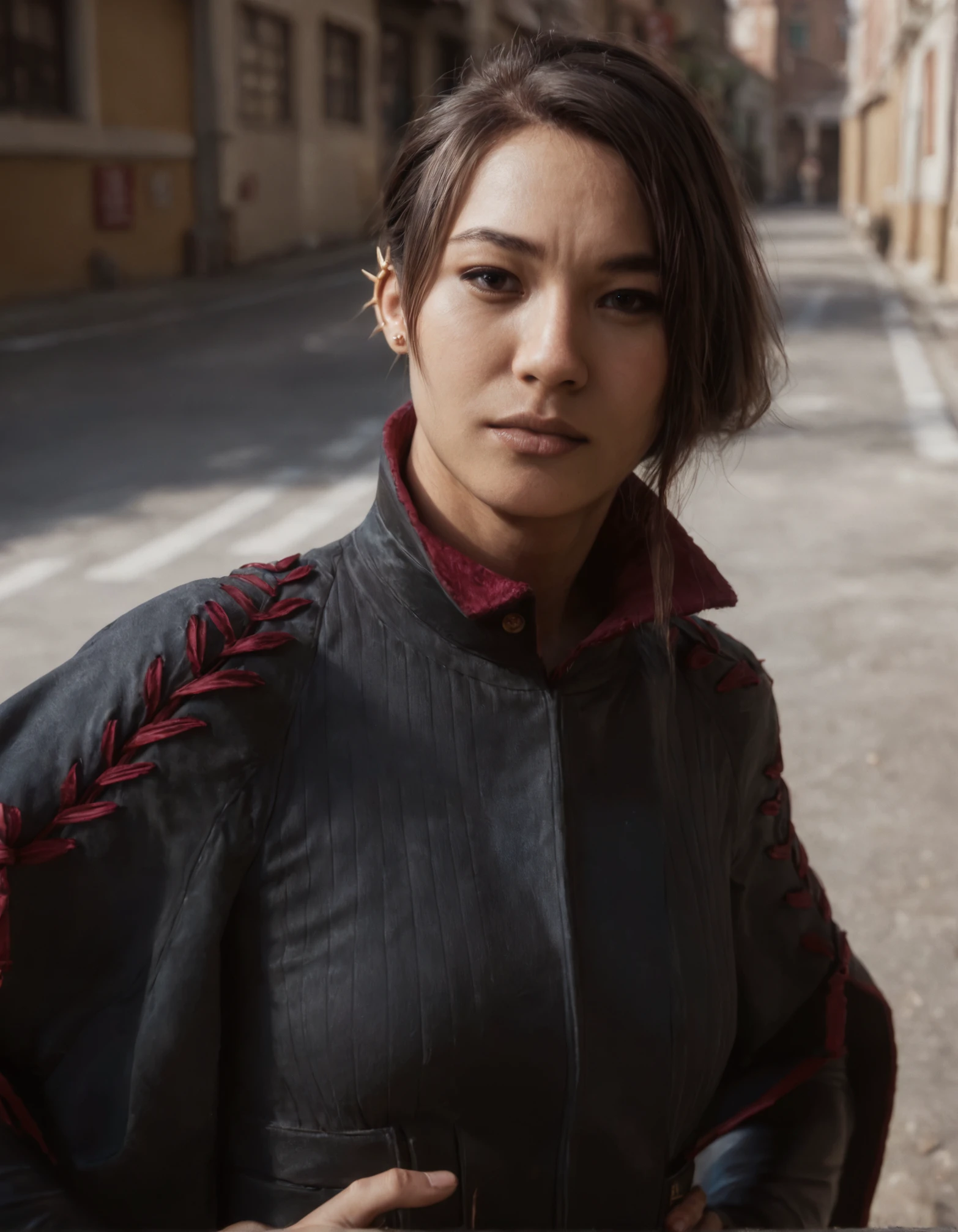 score_9, score_8_up, score_7_up,score_6_up,haymar,high resolution,3d,photo,realistic,asian,1girl,brown hair,hair bun,earrings,black jacket,long sleeves,boots, volumetric lighting,rim lighting,dramatic shadow,street,upper body,dynamic pose,looking at viewer,pov,front view,hand on hips,laying down