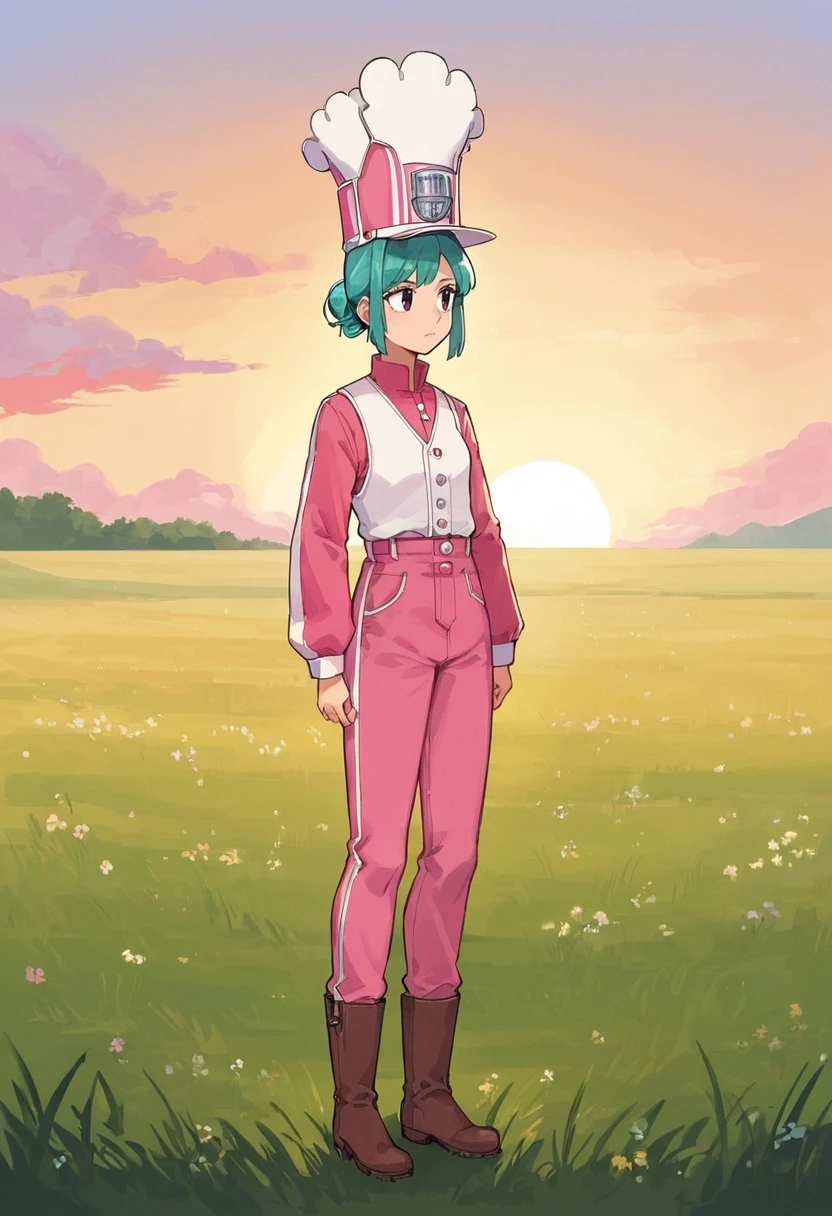 score_9,score_8_up,score_7_up,score_6_up,source_anime BREAK 1girl,solo:1.2,berglancer, <lora:berglancerpony:0.95>,,expressionless,outdoors,in farmer field,standing,pink jacket,white vest,long sleeves,pink pants,shako cap,,boots,straight on,medium hair,teal hair,hair bun,ornate clothing,sunset