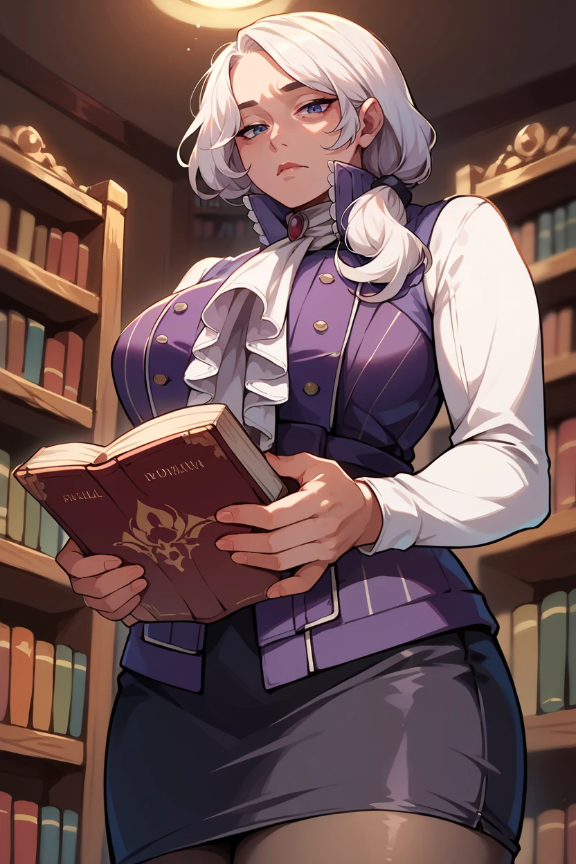 score_9, score_8_up, score_7_up, score_6_up, source_anime, 1girl, solo,  <lora:willowschnee-pdxl-nvwls-v1-000008:1> rbWillow, white hair, high collar, purple vest, white shirt, ascot, long sleeves, black skirt, black pantyhose, mature female, large breasts, holding book, disdain, looking at you, from below, bookshelf