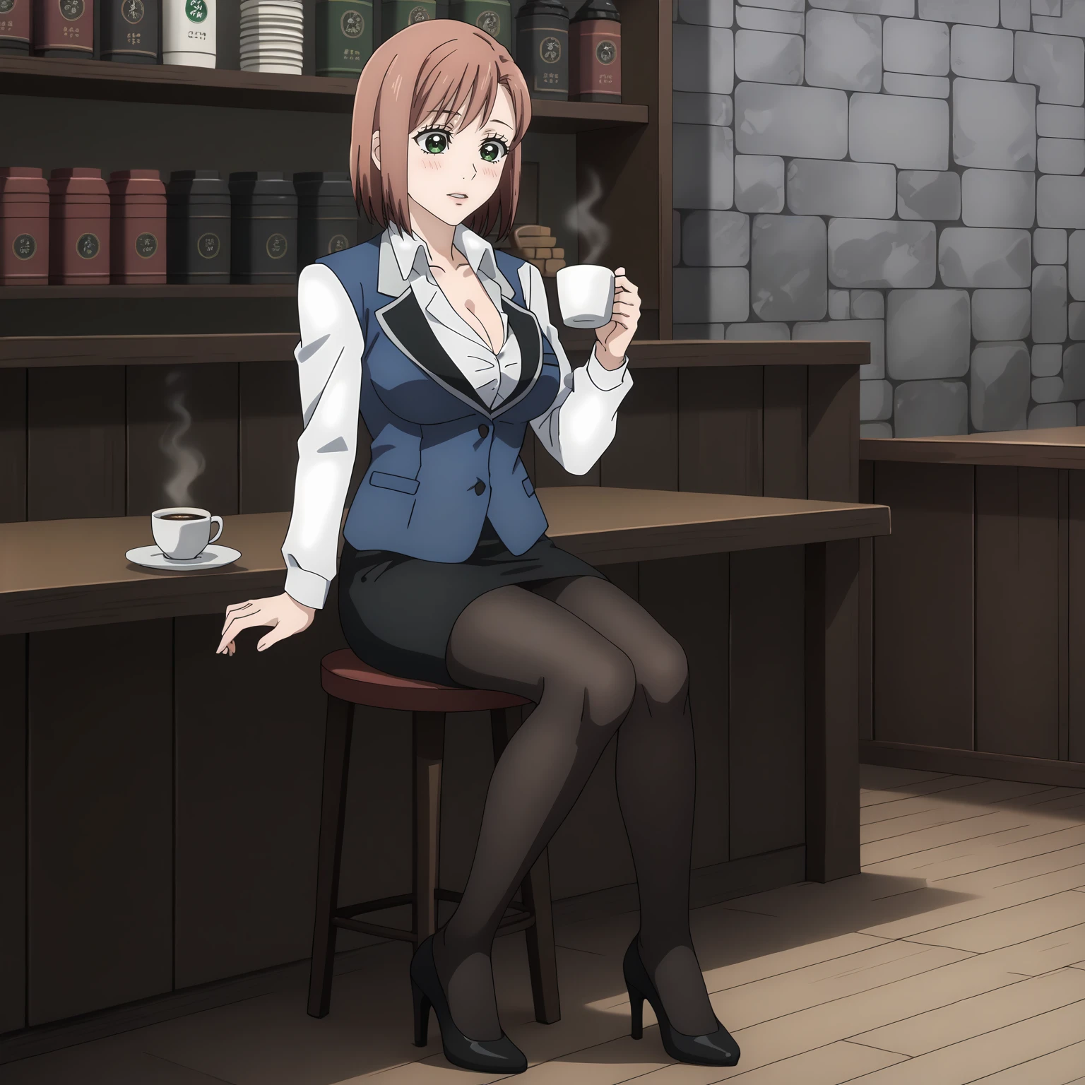 <lora:ONT_AlisaGrangerXLpony002>,
blush,parted lips,
solo,
AlisaGranger,1girl,pink brown hair,bob_cut,green eyes,
business_suit,white shirt,blue vest,cleavage,long_sleeves,black skirt,black_pantyhose,high_heels,
full body,sitting,
indoors,cafe,chair,table,coffee,middle ages,