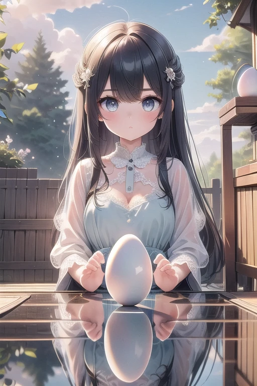 (((masterpiece))), (((best quality))), ((egg standing)), egg balancing, open hands, symmetry hands, glass table, mirrored table, reflection, reflective, leaning forward, focused eyes, floating hair, hair ornament, lace dress, sky, wind, turf, glare, flare, sunlight, backyard, greenery, solo, 1girl, medium tits, slim figure, <lora:festival_eggstanding:0.9>