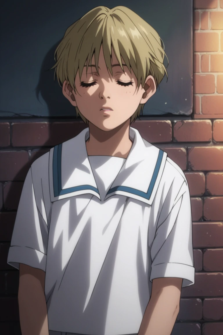 score_9, score_8_up, score_7_up, score_6_up, detailed, intricate details,best quality ,source_anime, cowboy shot,
garcia lovelace, blonde hair, brown eyes, white shirt, solo, closed eyes, sleeping, school uniform, 1boy, male focus, short hair, wall, upper body, shirt, parted lips, sailor collar, brick wall<lora:EMS-423730-EMS:1.000000>