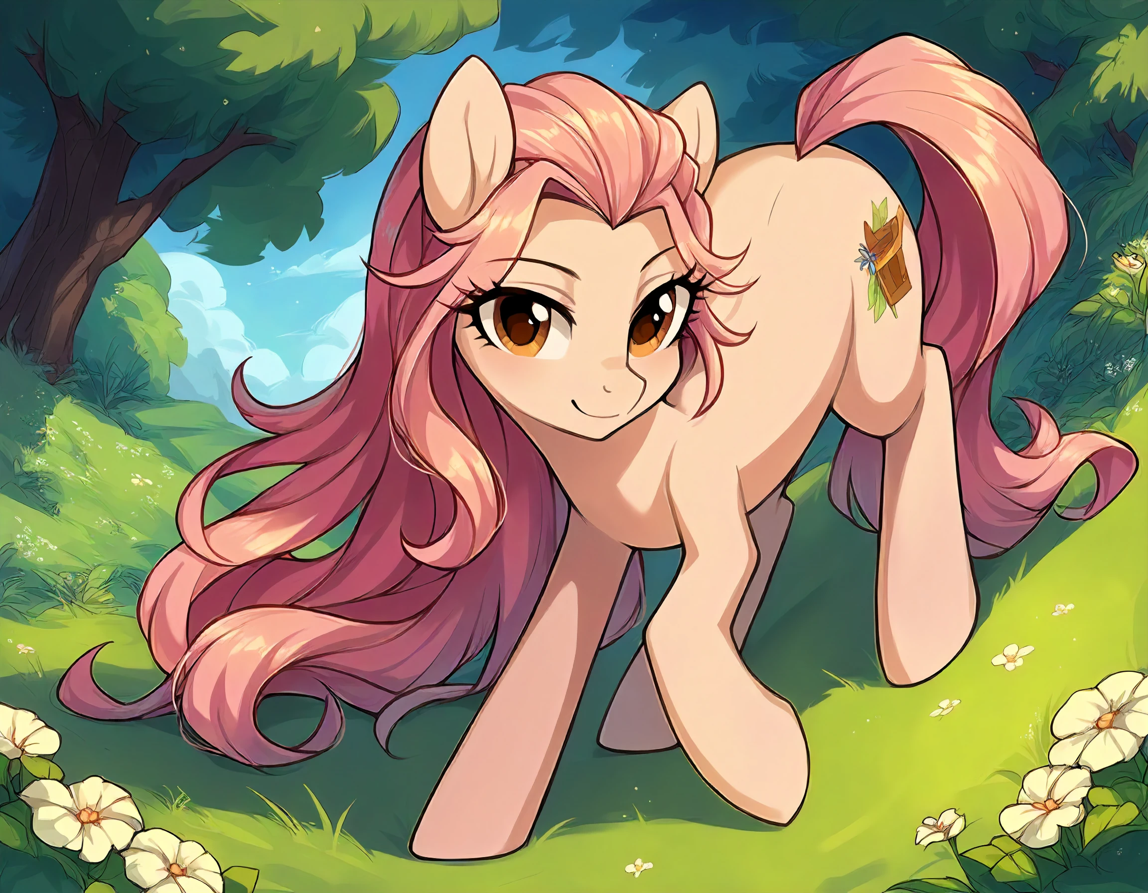 score_9, score_8_up, score_7_up, score_6_up, score_5_up, pale white body, Roseluck, earth_pony, skin body, two-toned hair, gradient hair, long hair, green eyes, makeup, feral, pony, smile, steam, large ass, bubble butt, chest fluff, looking at you, ((high_res)), an eye level shot, looking back, (depth of field), muted colors, adult, simple background, white background, ((butt in bunch of flowers)), pussy, large anus, (facesitting), tiny pony, 