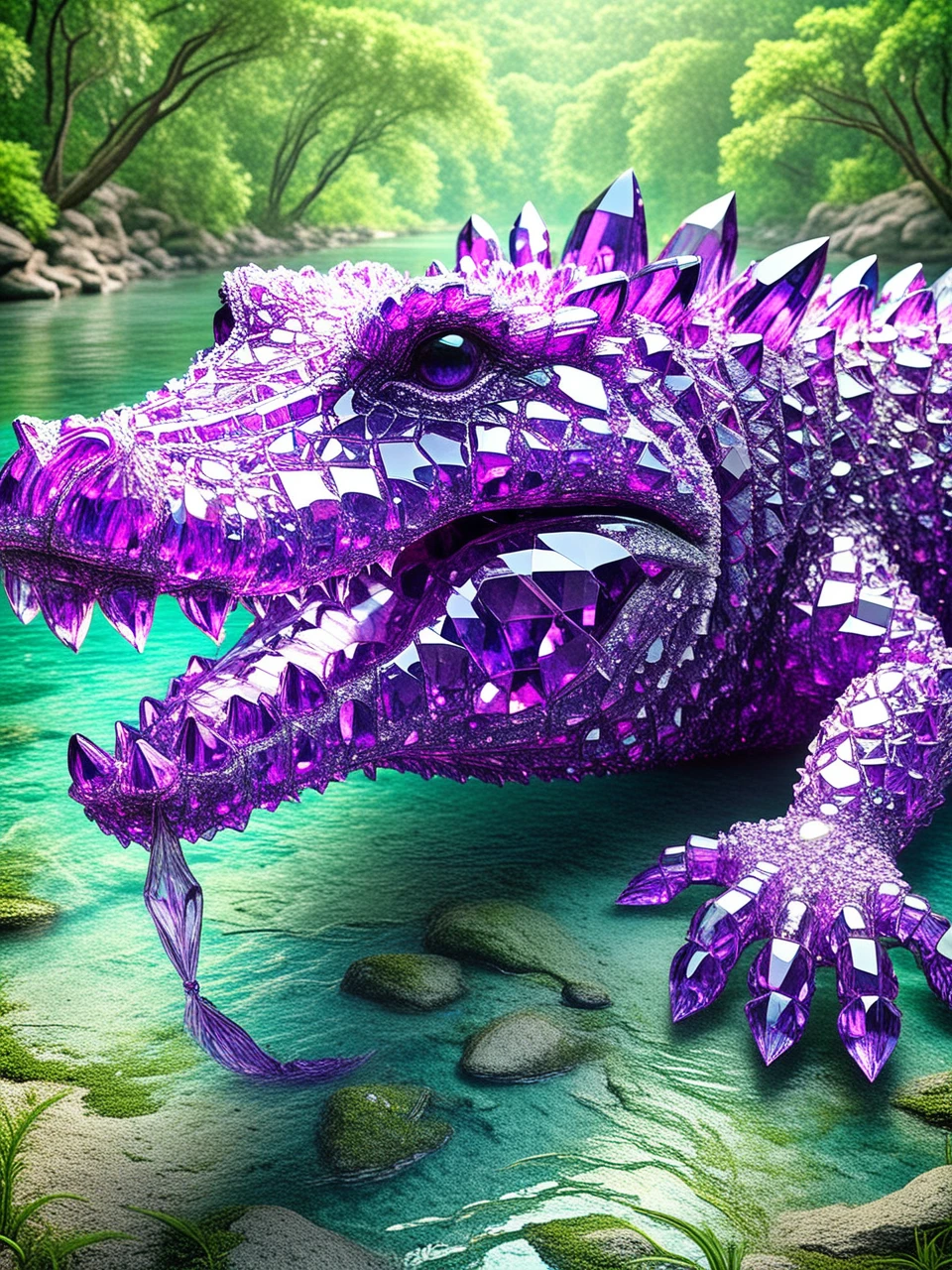 most beautiful crocodile made of sparkling amethyst crystals in river, highest resolution, perfectly balanced, detailed shading, haze lighting, dripping paint