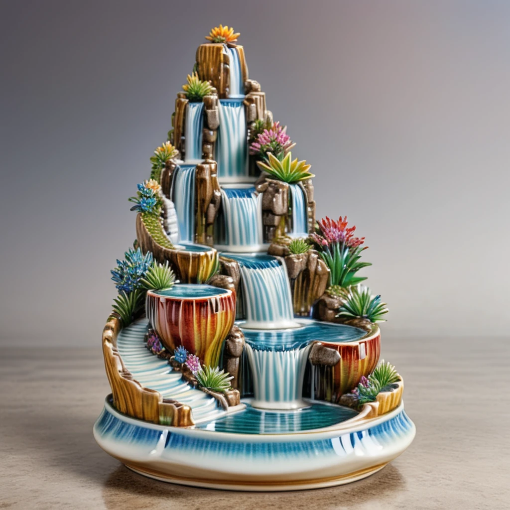 A beautifully crafted colorful ceramic and porcelain figurine of a waterfall, colorful HDR background <lora:CeramicXL_LoRA:1>