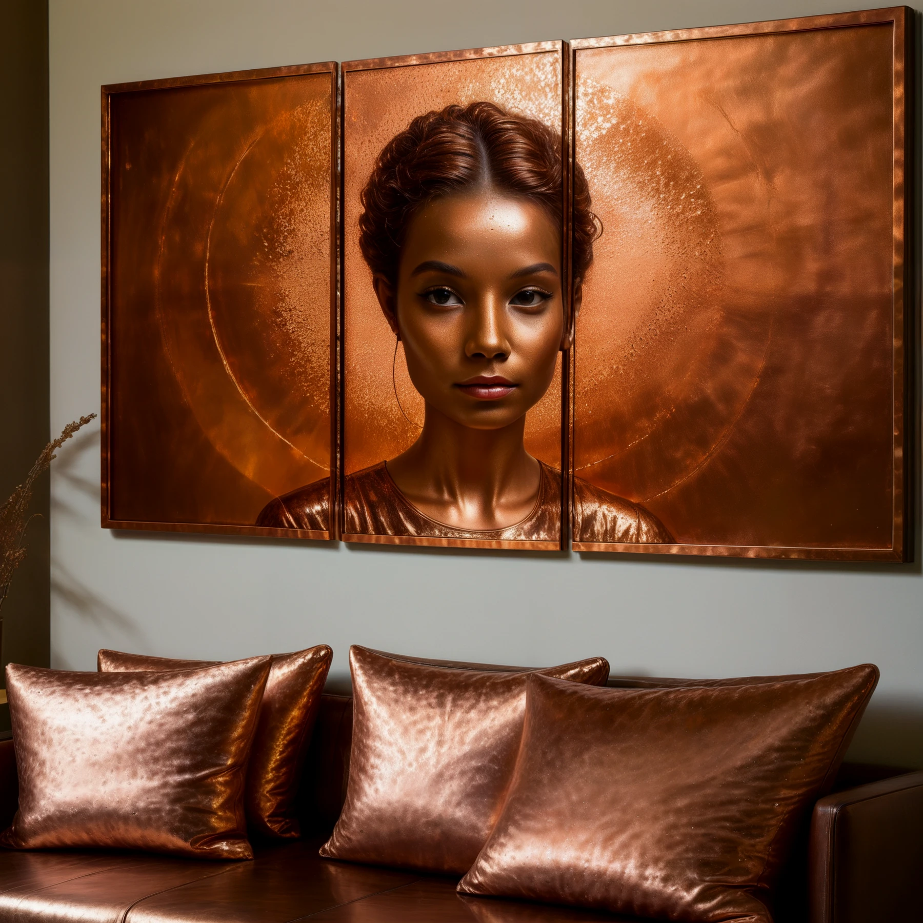 A copper painting. A framed artwork. A beautiful young woman.

<lora:MadeOfCopper01_CE_SDXL:0.8>