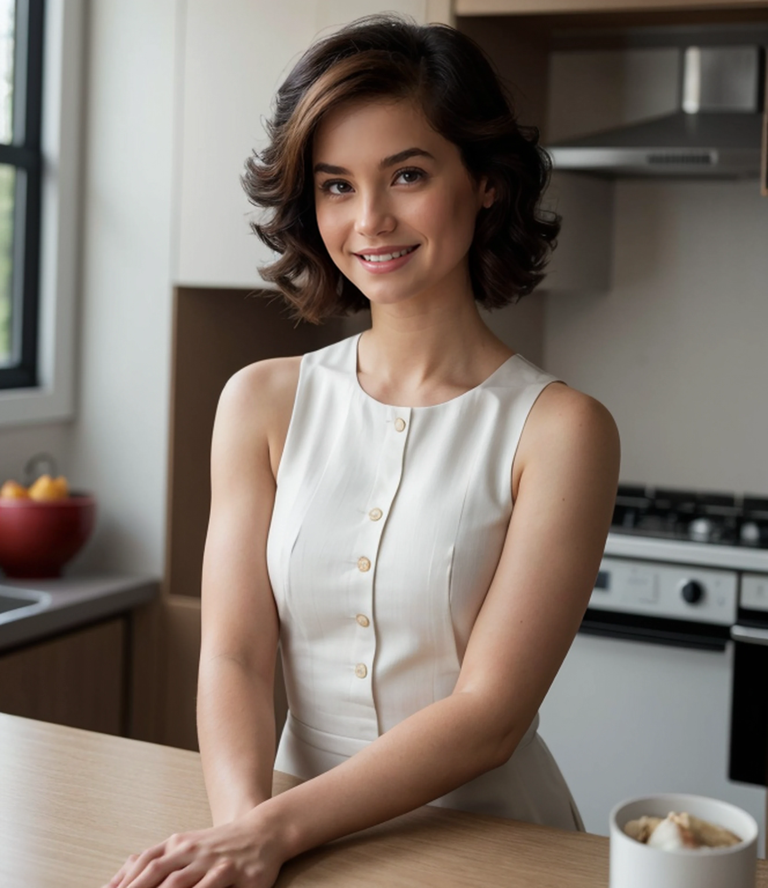 a Realistic (full body:1.2) Shot sharp focus Photograph of L1nds3yG4rr3tt,
Beautiful, detailed face, detailed eyes, warm smile, ((highly detailed skin:1.1)), perfect body, sitting in a dining room chair and leaning against a kitchen counter,
wearing a simple and elegant dress,
best quality, Fashion Photography, Photorealistic, Soft lighting, RAW, analog style, (sharp focus:1.2), 4k, ultra high res, DSLR, high quality, Fujifilm XT3, film grain, award-winning, masterpiece, <lora:breastsizeslideroffset:-0.3>