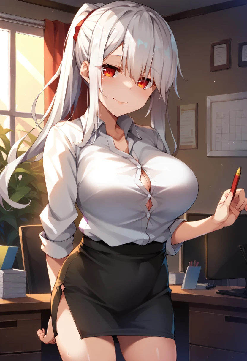 masterpiece, best quality, extremely detailed, 1girl, solo, noint, (huge breasts:1.1), (((white hair, very long hair, hair over one eyes, ponytail, brown eyes))), parted lips, (((catholic school uniform))), ((blush, naughty face), open mouth, fangs, tongoue out, long tongue, drooling), ((sweaty, sitting on a table, hands on own face, classroom))