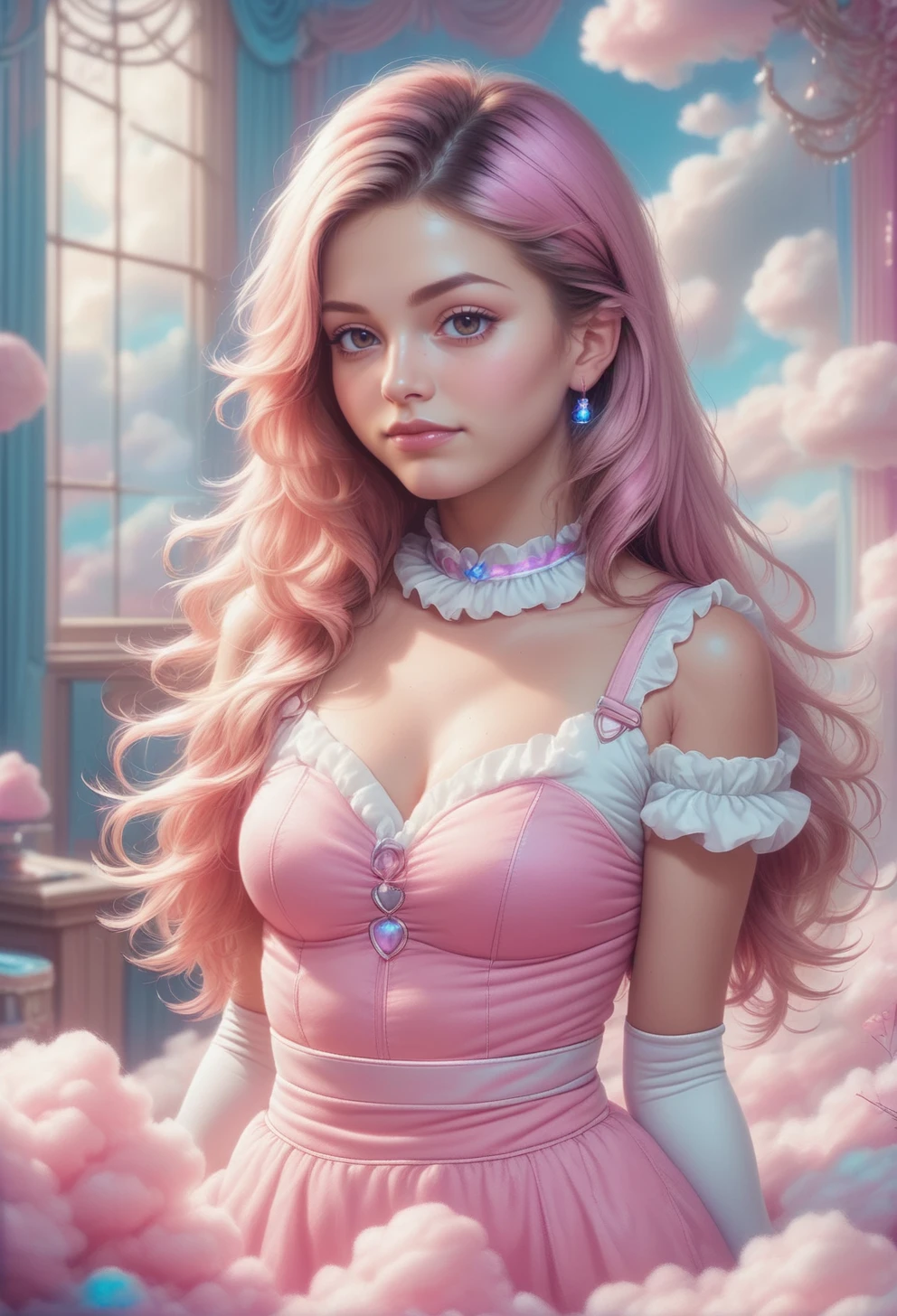 ruffled princess dress made out of cottoncandy <lora:SDXLCottonCandy:1> , upper body, dolleijSDXL01  <lora:DolleijSDXL01:0.9>,, posing cheekily, <lora:SDXLFaeTastic2400:0.4> (((masterpiece))) , (((best quality))) , 2d, (adorable 1girl, solo:1.3) , her hair is Intricate, Smartwatch, simple background, Simple and clean, Satisfying, Animecore, studio lighting, Magenta color grading, theatrical, holy, vibrant, atmosphere, luxurious, dynamic dramatic composition, posing cheekily in front of fairy tail wood