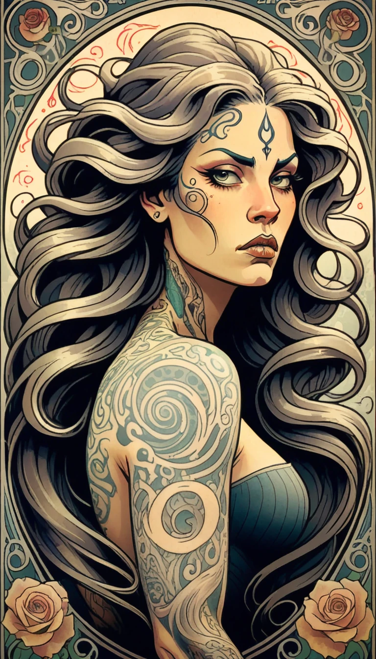 Art Nouveau art of a mysterious woman with flowing hair and elaborate tattoos, cinematic composition.  <lora:Everly_Heights_Comics:1>