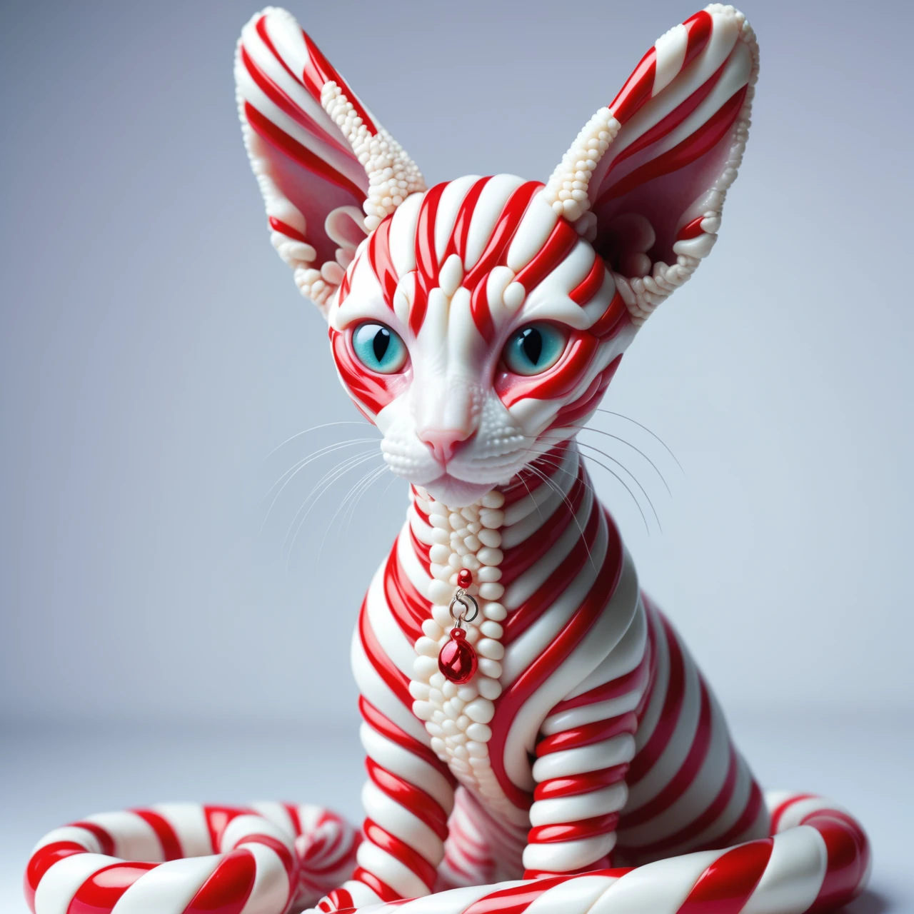 made out of Jed-Cndcne, Anime, Cornish Rex Cat, Regal and Stunning, Bathed in shadows, Depth of field 270mm, professional, masterpiece, UHD, sharp and in focus,<lora:CandyCaneStyle-000005:1>, cute, ambient background, complimentary colors, ambient light, gorgeous, elaborate