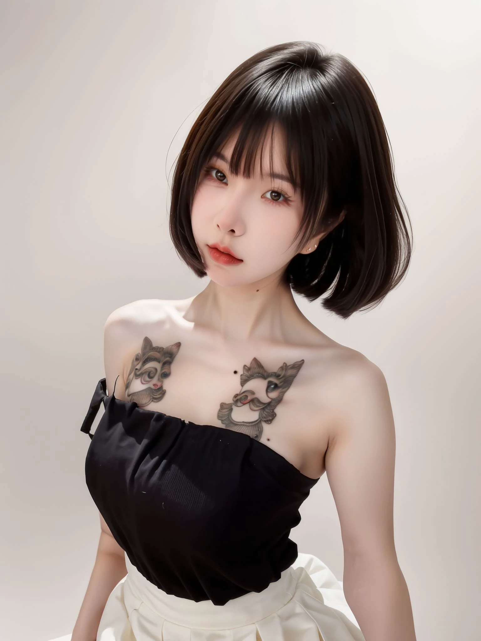 1girl, medium breasts, looking at viewer, realistic, photorealistic, black eyes, black hair, short hair, lips, bangs, jewelry, tattoo, mole,  hyper detailed, super sharp, crisp, smooth, smooth gradients, depth of field, (in studio: 1.1), (white background: 1.1), <lora:jqq8896:1> , <lora:breastsizeslideroffset:-0.25>, <lora:add_detail_v5:1>, dress, skirt, uniform