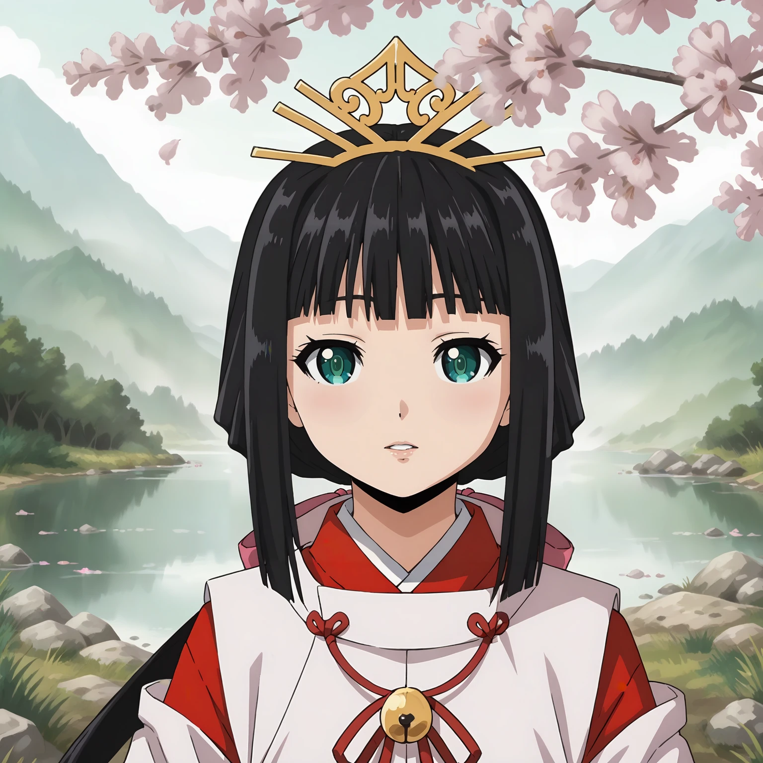 <lora:TES_ShizukuXLpony001:0.8>,
close-up,
parted lips,
solo,
Shizuku,1girl,black hair,low ponytail,hair ribbon,green eyes,
tiara,
miko,
outdoors,nature,cherry blossoms,
standing,