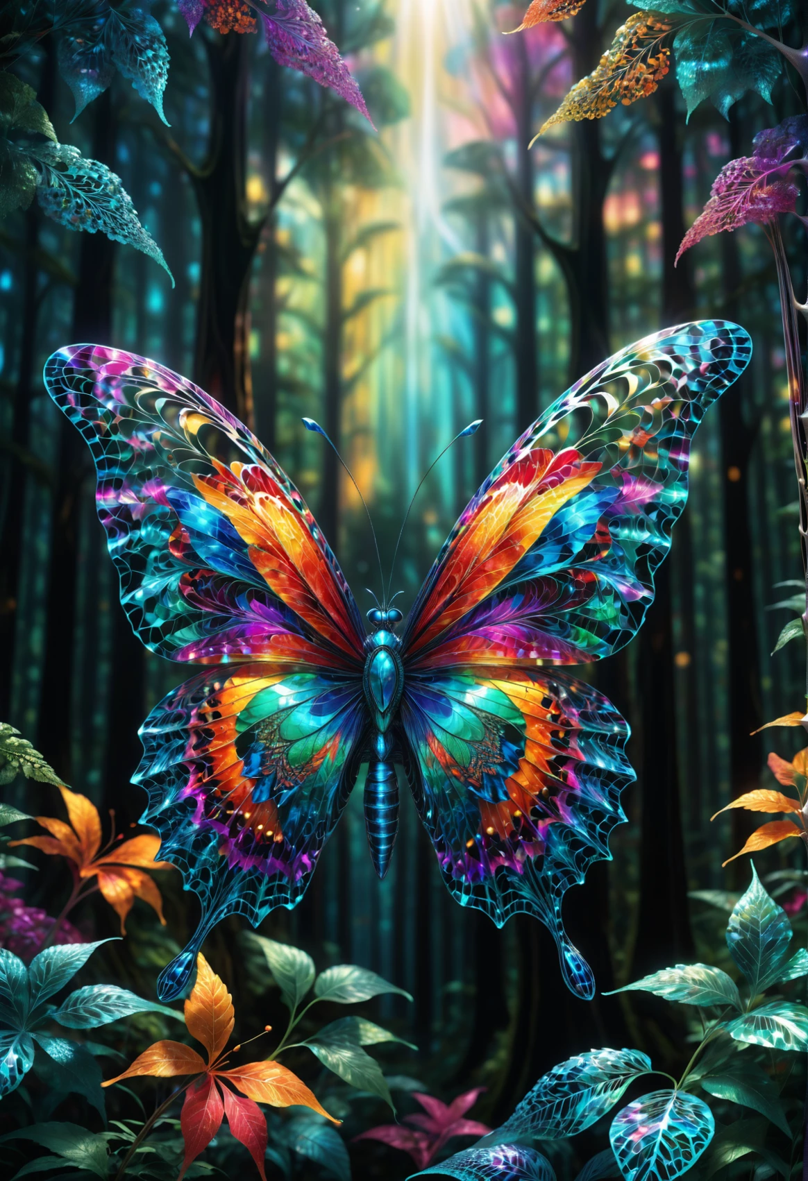 An (aerial perspective photo) of a towering, ethereal butterfly descending through the canopy in an epic fashion, made out of fractangles. The image is captured with ultra-realistic lighting for intricate details and dynamic pose to convey atmospheric textures amidst vibrant colors that enhance character's grace as they cross paths between forested gardens on different days <lora:Fractangles:0.85>