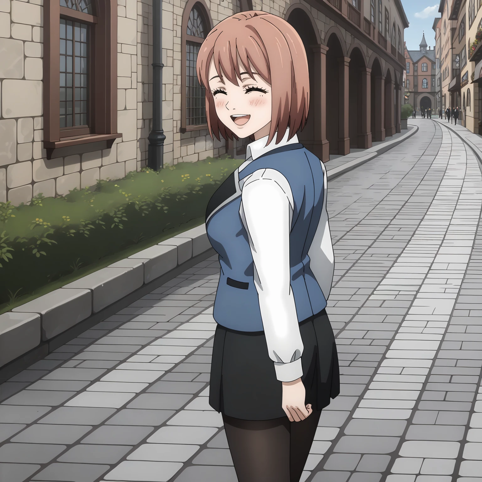 <lora:ONT_AlisaGrangerXLpony002>,
blush,looking at viewer,smile,open mouth,closed eyes,looking back,
solo,
AlisaGranger,1girl,pink brown hair,bob_cut,
business_suit,white shirt,blue vest,long_sleeves,black skirt,black_pantyhose,
walking,
outdoors,medieval cityscape,cobblestone paving,