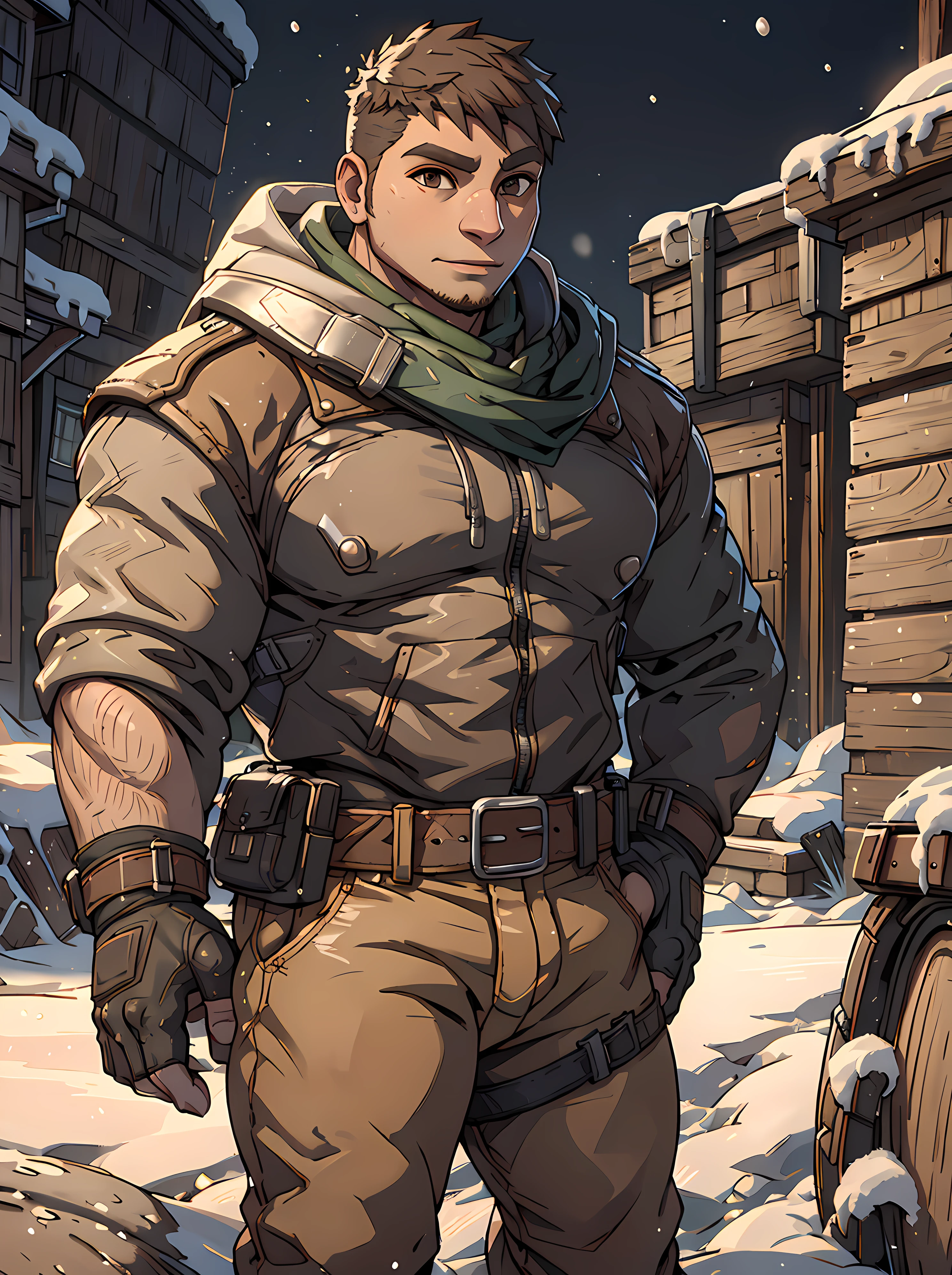 <lora:JD_Fenix:0.8> jd_fenix, standing, looking at viewer, jacket, very short hair, (muscular:1.1), long pants, town, snow, winter, scarf, belt, gloves